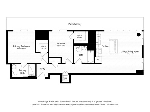Floor plan for 2 beds, 2 baths, 1166 sqft